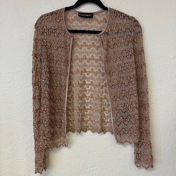 Cachet Beaded Lace Cardigan Long Sleeve Brown Size 6 - Picture 1 of 6